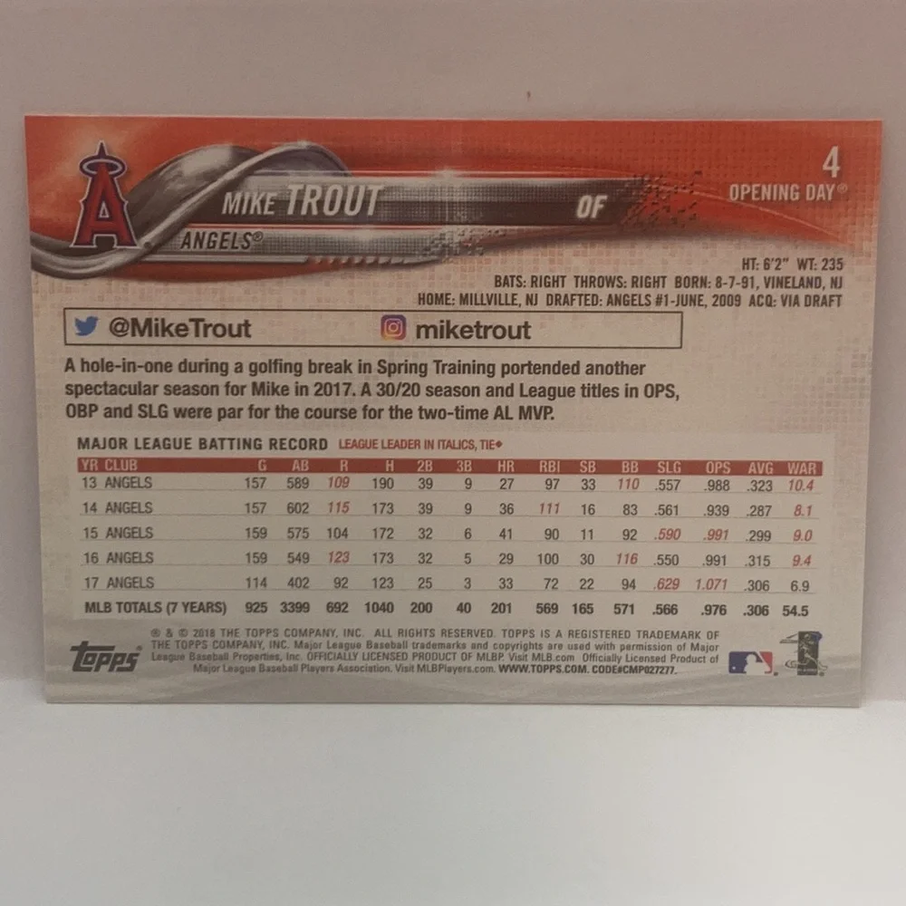 2018 Topps Opening Day Mike Trout Angels #4 (005)